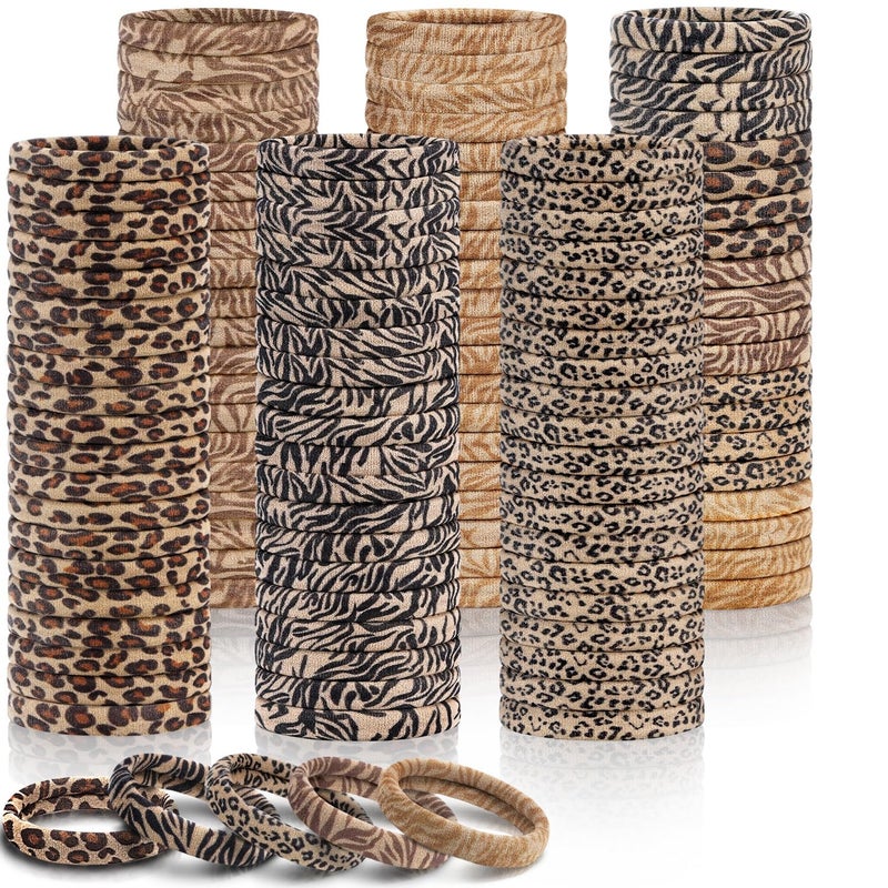 IKOCO 150PCS Hair Ties, Hair Ties for Women No Damage, Cotton Seamless Ponytail Holders for Thick Hair, Leopard Animal Print - Image 1